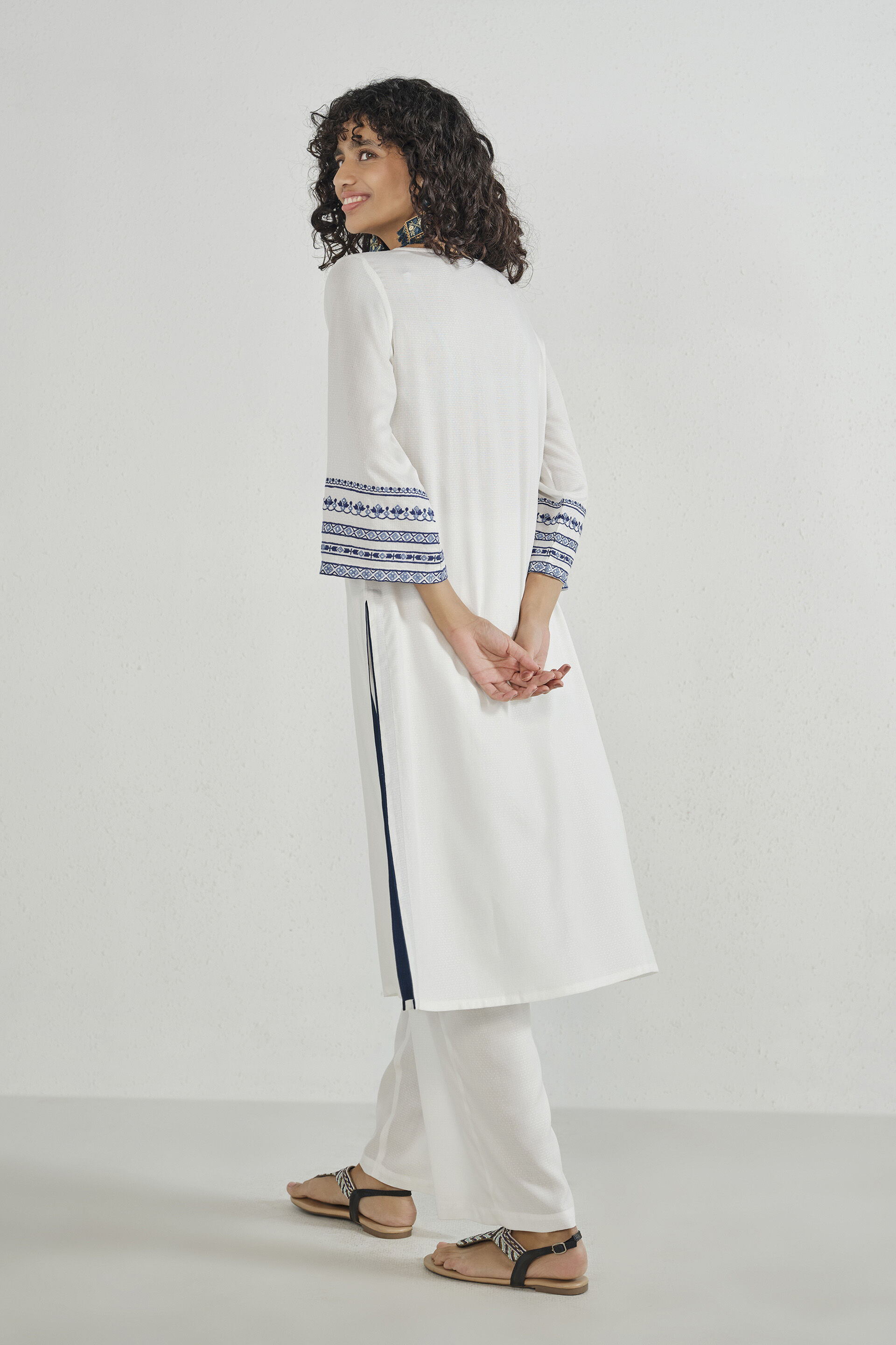 White Embroidered Long Kurta Set, White, image 5